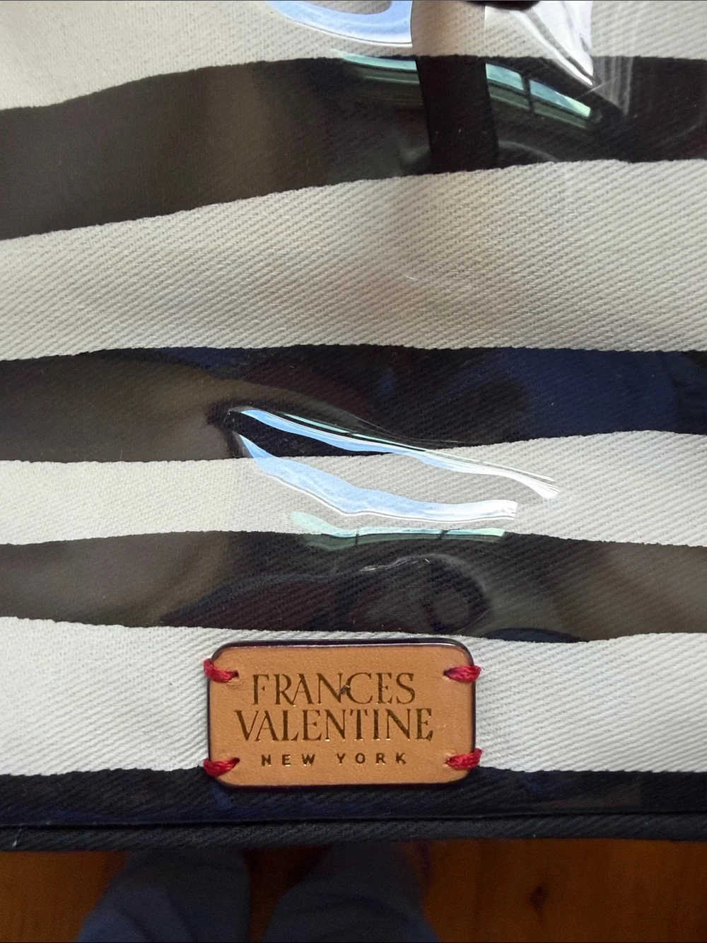 Frances Valentine Black and White Striped Cosmetic Case with Tan Pulls